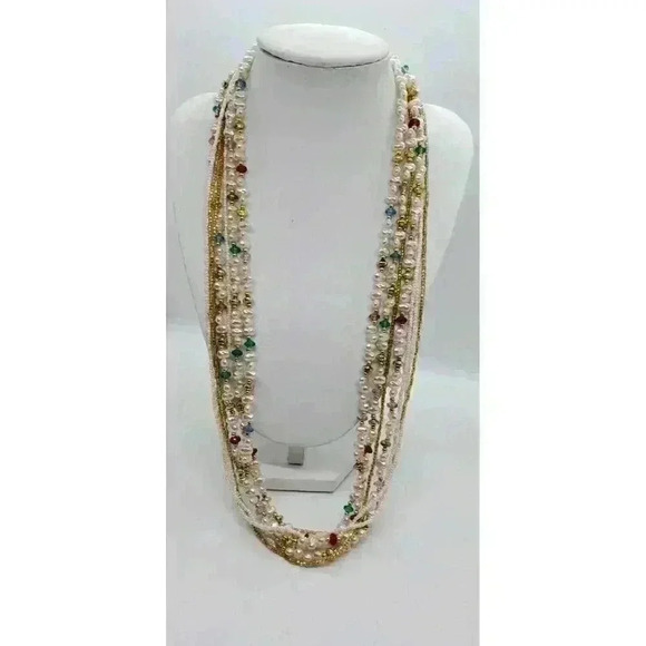 Vintage Multi Strand Faux Pearl Beaded Statement Necklace Boho Y2K - Picture 7 of 10